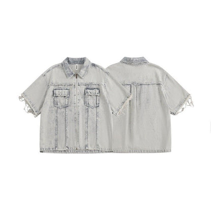 Retro washed distressed loose denim short sleeved shirt with rough edges - FashionTech