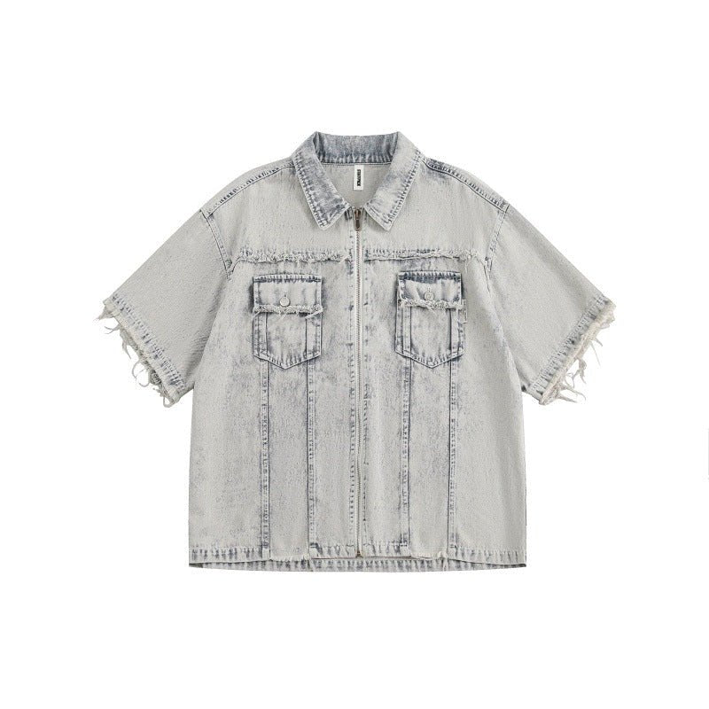 Retro washed distressed loose denim short sleeved shirt with rough edges - FashionTech