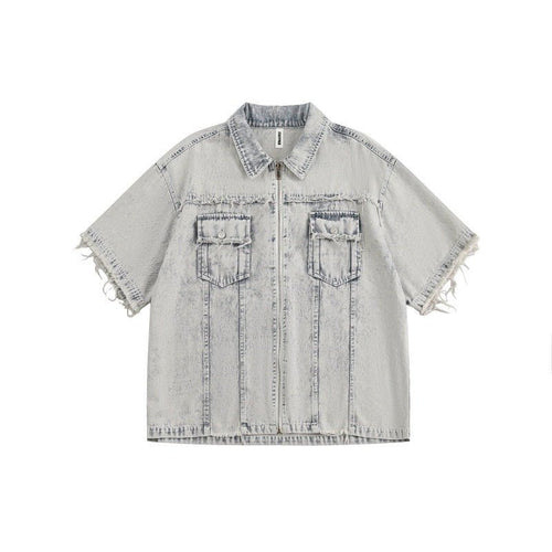 Retro washed distressed loose denim short sleeved shirt with rough edges - FashionTech