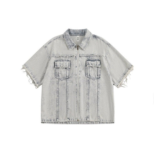 Retro washed distressed loose denim short sleeved shirt with rough edges - FashionTech