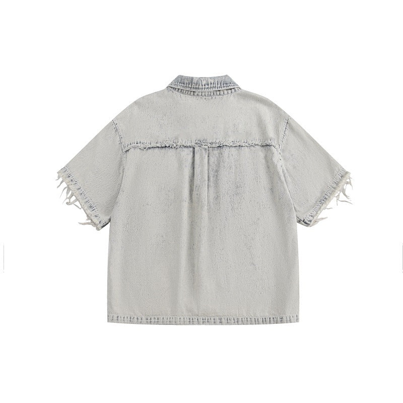 Retro washed distressed loose denim short sleeved shirt with rough edges - FashionTech