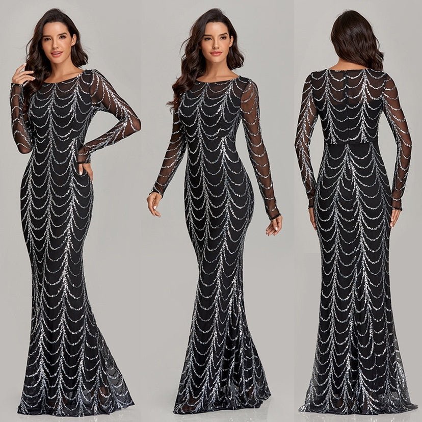 Sequins Women Maxi Dresses Long Sleeve Female Party Dresses - FashionTech