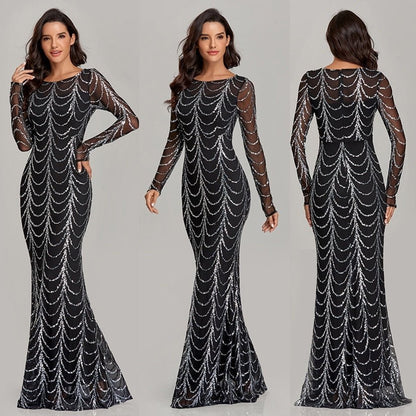 Sequins Women Maxi Dresses Long Sleeve Female Party Dresses - FashionTech