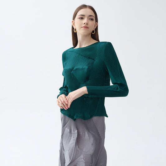 Small - size folding tops New spring round neck irregular solid color long sleeve temperament versatile tops for women - FashionTech