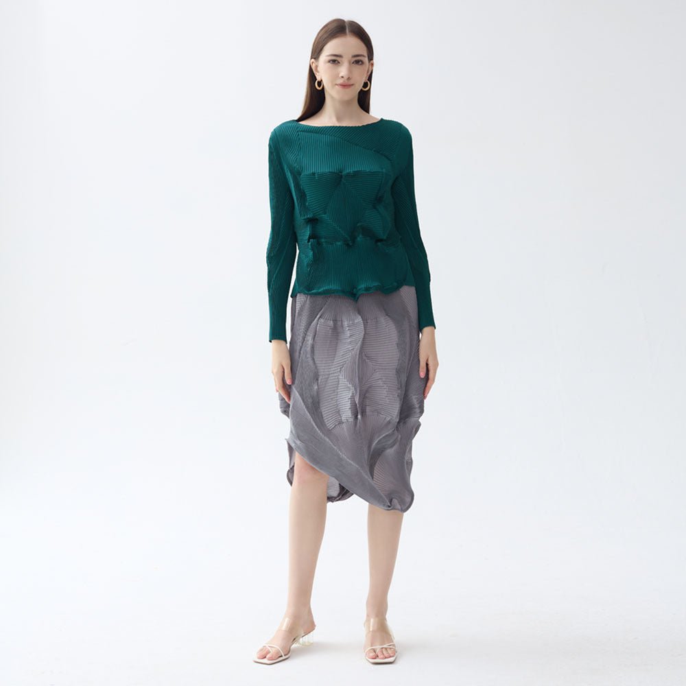 Small - size folding tops New spring round neck irregular solid color long sleeve temperament versatile tops for women - FashionTech