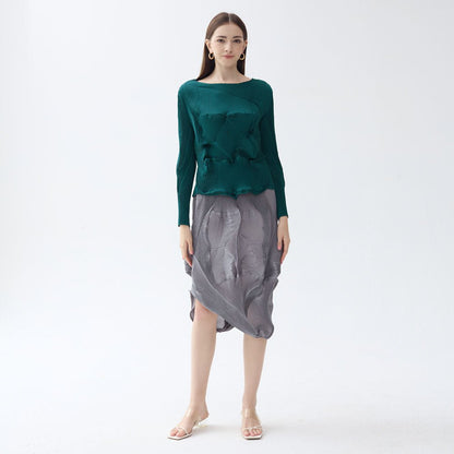 Small - size folding tops New spring round neck irregular solid color long sleeve temperament versatile tops for women - FashionTech