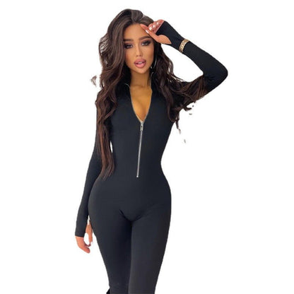 Style Casual Zipper Stand Collar Jumpsuit Solid Color High Elasticity Slimming Long Sleeve Tight - Fitting Women's Trendy Clothing - FashionTech