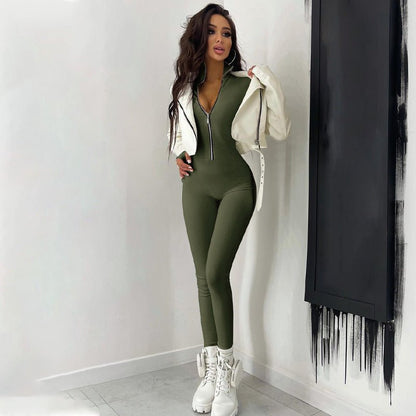 Style Casual Zipper Stand Collar Jumpsuit Solid Color High Elasticity Slimming Long Sleeve Tight - Fitting Women's Trendy Clothing - FashionTech