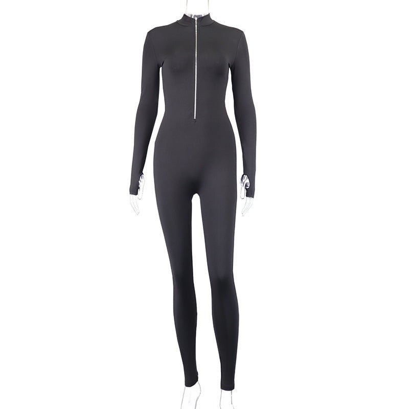 Style Casual Zipper Stand Collar Jumpsuit Solid Color High Elasticity Slimming Long Sleeve Tight - Fitting Women's Trendy Clothing - FashionTech