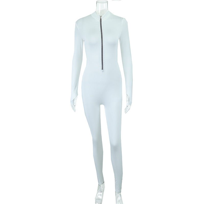 Style Casual Zipper Stand Collar Jumpsuit Solid Color High Elasticity Slimming Long Sleeve Tight - Fitting Women's Trendy Clothing - FashionTech