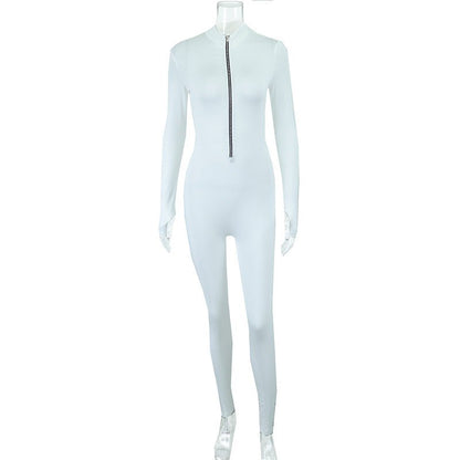 Style Casual Zipper Stand Collar Jumpsuit Solid Color High Elasticity Slimming Long Sleeve Tight - Fitting Women's Trendy Clothing - FashionTech