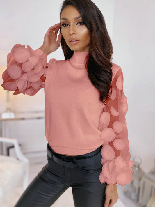 Tops Sexy turtleneck gauze puff sleeve slim top - FashionTech