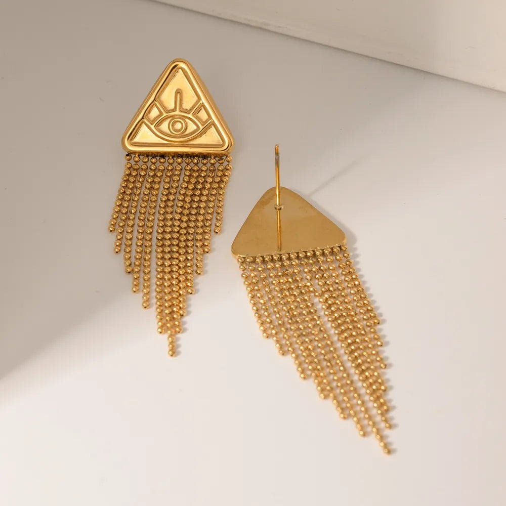 Triangular relief devil's eye design with tassel titanium steel earrings - FashionTech