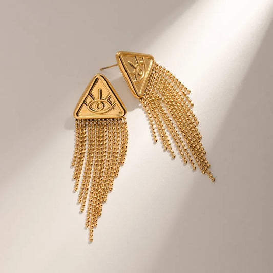 Triangular relief devil's eye design with tassel titanium steel earrings - FashionTech