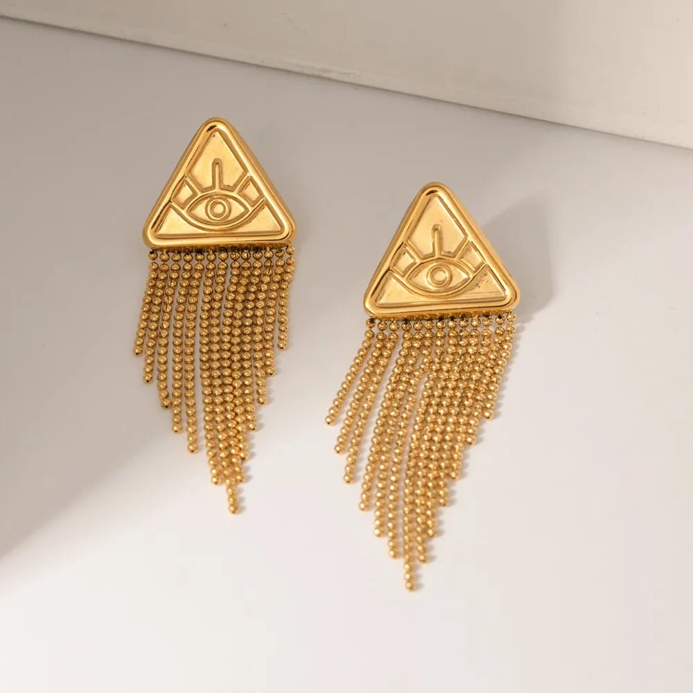 Triangular relief devil's eye design with tassel titanium steel earrings - FashionTech