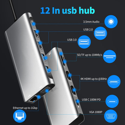 Type - C to Dual HDMI VGA Same Screen Dock 12 in 1 Notebook MacBook Converter USB HUB - FashionTech
