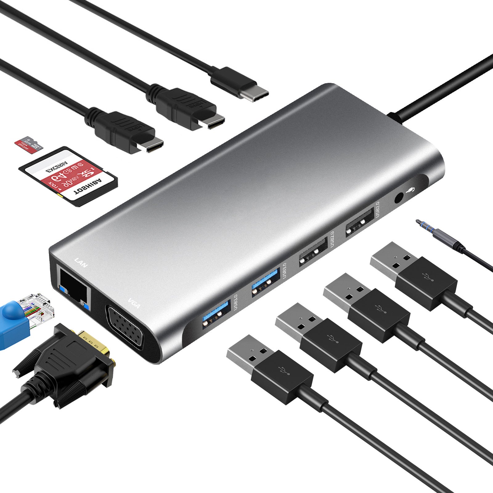 Type - C to Dual HDMI VGA Same Screen Dock 12 in 1 Notebook MacBook Converter USB HUB - FashionTech