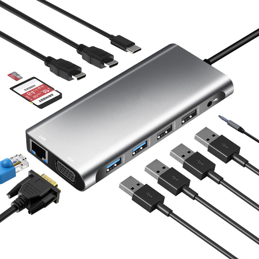 Type - C to Dual HDMI VGA Same Screen Dock 12 in 1 Notebook MacBook Converter USB HUB - FashionTech