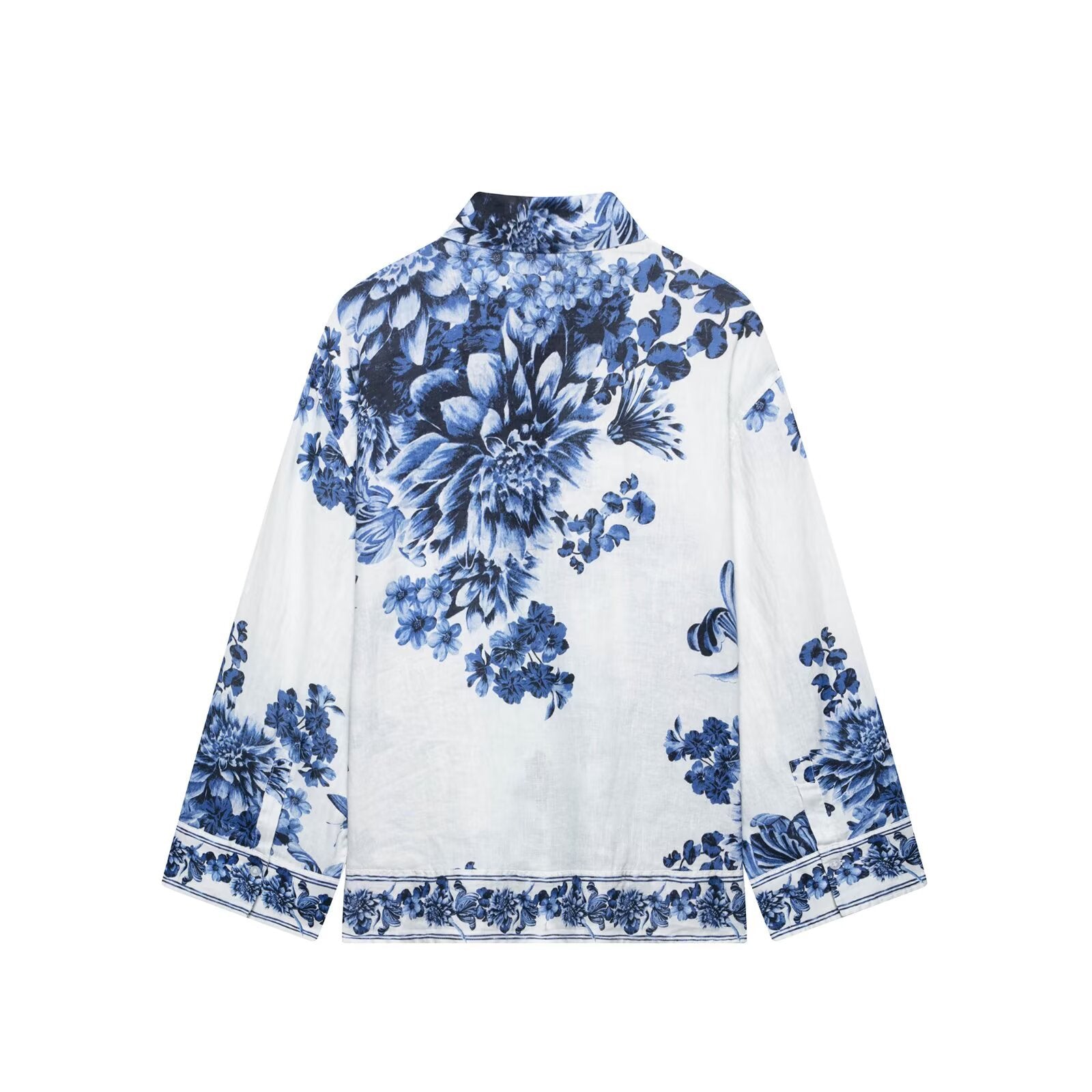 Women's collar long sleeved printed loose shirt top - FashionTech
