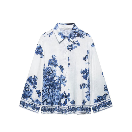 Women's collar long sleeved printed loose shirt top - FashionTech