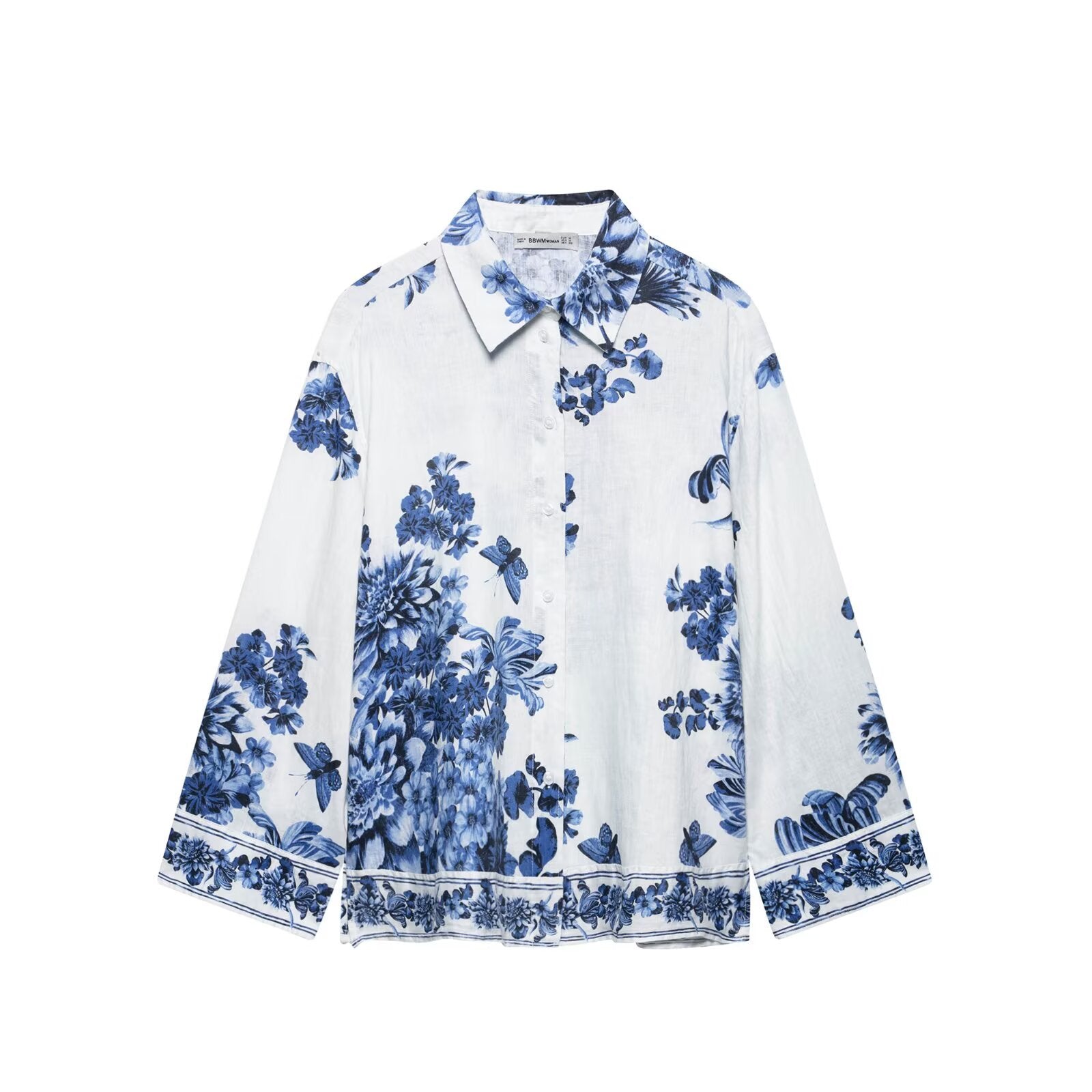 Women's collar long sleeved printed loose shirt top - FashionTech