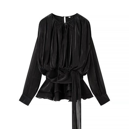 Women's European and American round neck long sleeved pleated mesh short dress - FashionTech