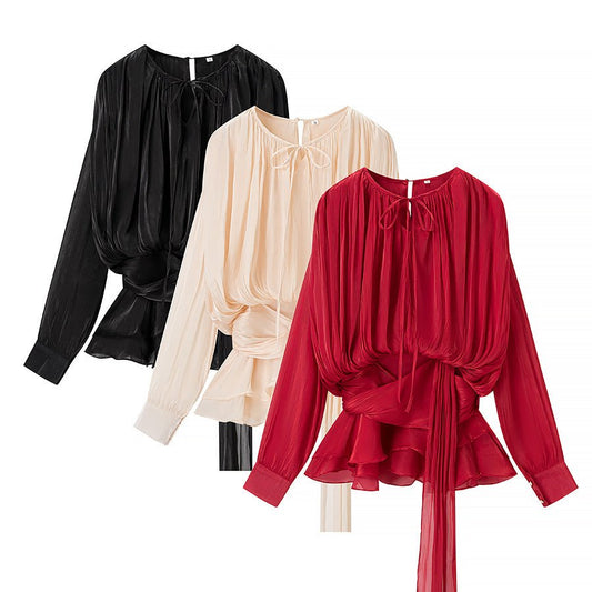 Women's European and American round neck long sleeved pleated mesh short dress - FashionTech