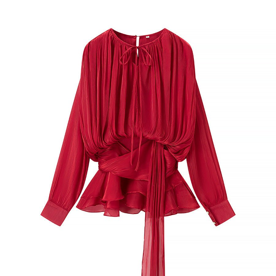 Women's European and American round neck long sleeved pleated mesh short dress - FashionTech
