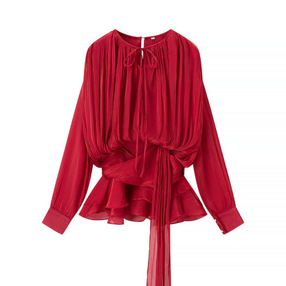 Women's European and American round neck long sleeved pleated mesh short dress - FashionTech