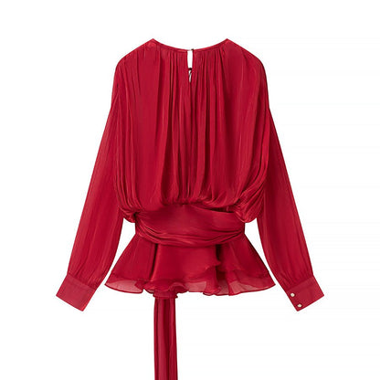 Women's European and American round neck long sleeved pleated mesh short dress - FashionTech
