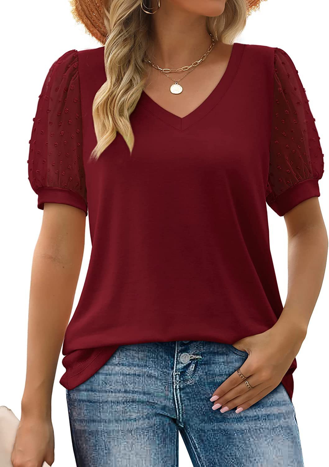 Womens Summer Tops V Neck T Shirts Dot Puff Sleeve Tops Loose Casual Tshirts - FashionTech